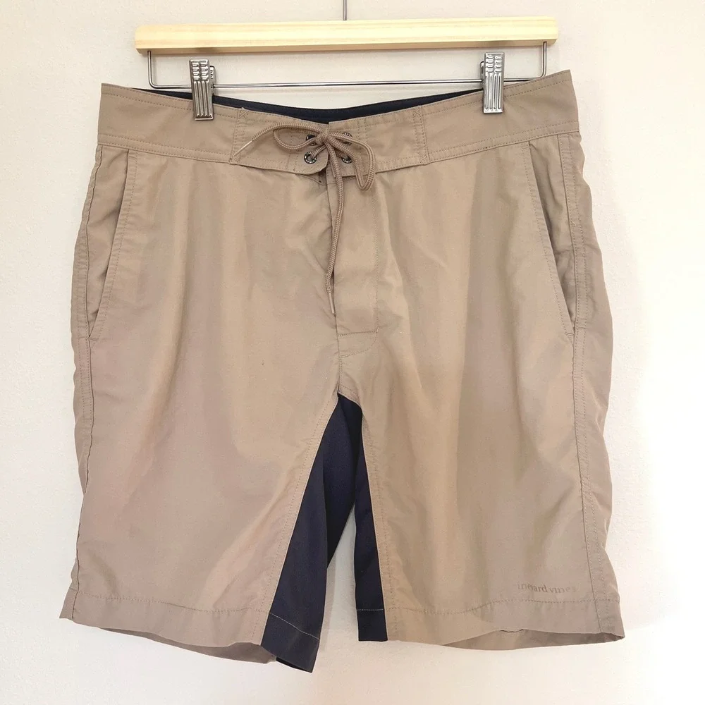 Vineyard Vines Mens Board Shorts Khaki Tan Navy Blue Swim Trunks Size 32 1H0422